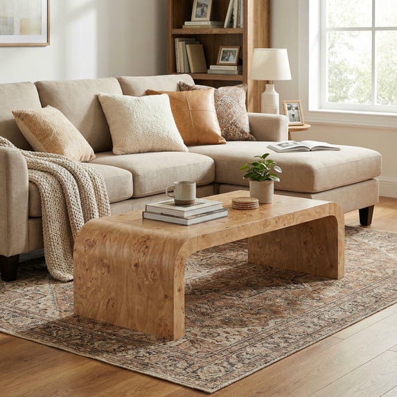 Christopher Knight Home 53.7" Waterfall Coffee Table with Burl Veneer, Curved Edges, Natural