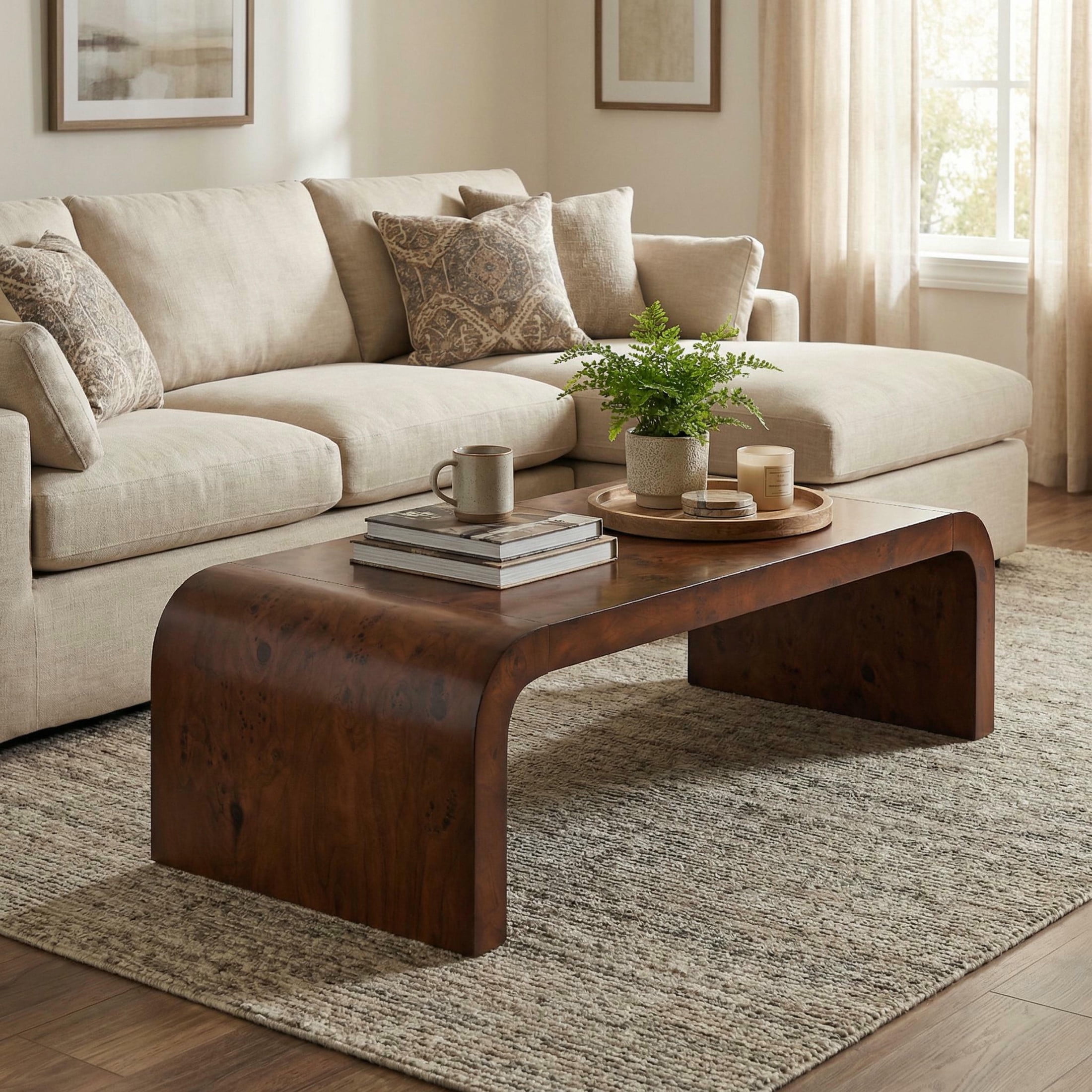 Christopher Knight Home 53.7" Waterfall Coffee Table with Burl Veneer, Curved Edges, Walnut