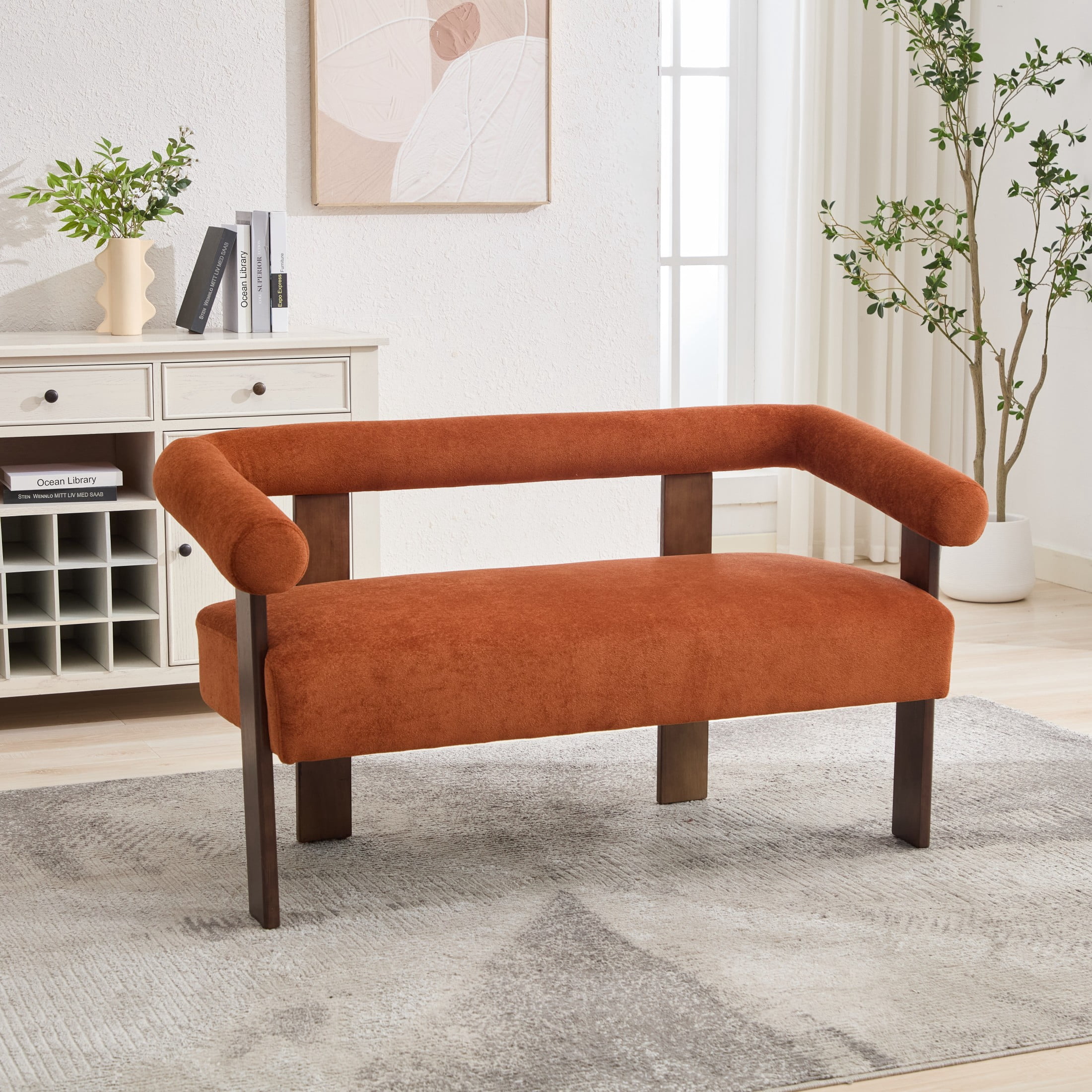 Christopher Knight Home 53" Curved Arm Upholstery Loveseat, Wood Frame, Modern Accent Sofa, Dark Orange+Brown