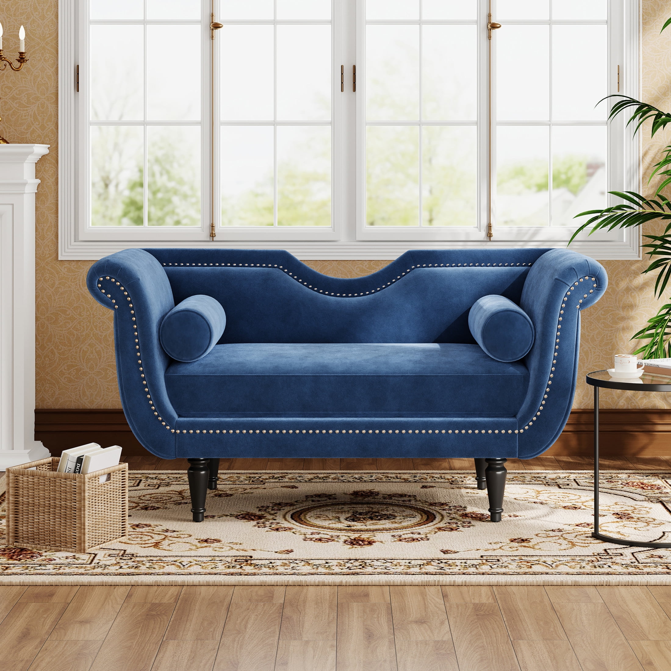 Christopher Knight Home 53" Luxury Velvet Upholstered Bench with Nailhead Trim and Curved Arms, 2 Pillows, Dark Blue