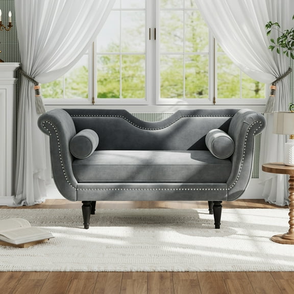 Christopher Knight Home 53" Luxury Velvet Upholstered Bench with Nailhead Trim and Curved Arms, 2 Pillows, Gray