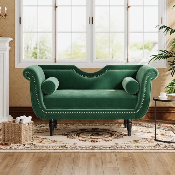 Christopher Knight Home 53" Luxury Velvet Upholstered Bench with Nailhead Trim and Curved Arms, 2 Pillows, Green