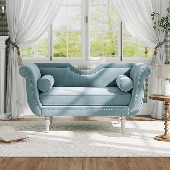 Christopher Knight Home 53" Luxury Velvet Upholstered Bench with Nailhead Trim and Curved Arms, 2 Pillows, Light Blue