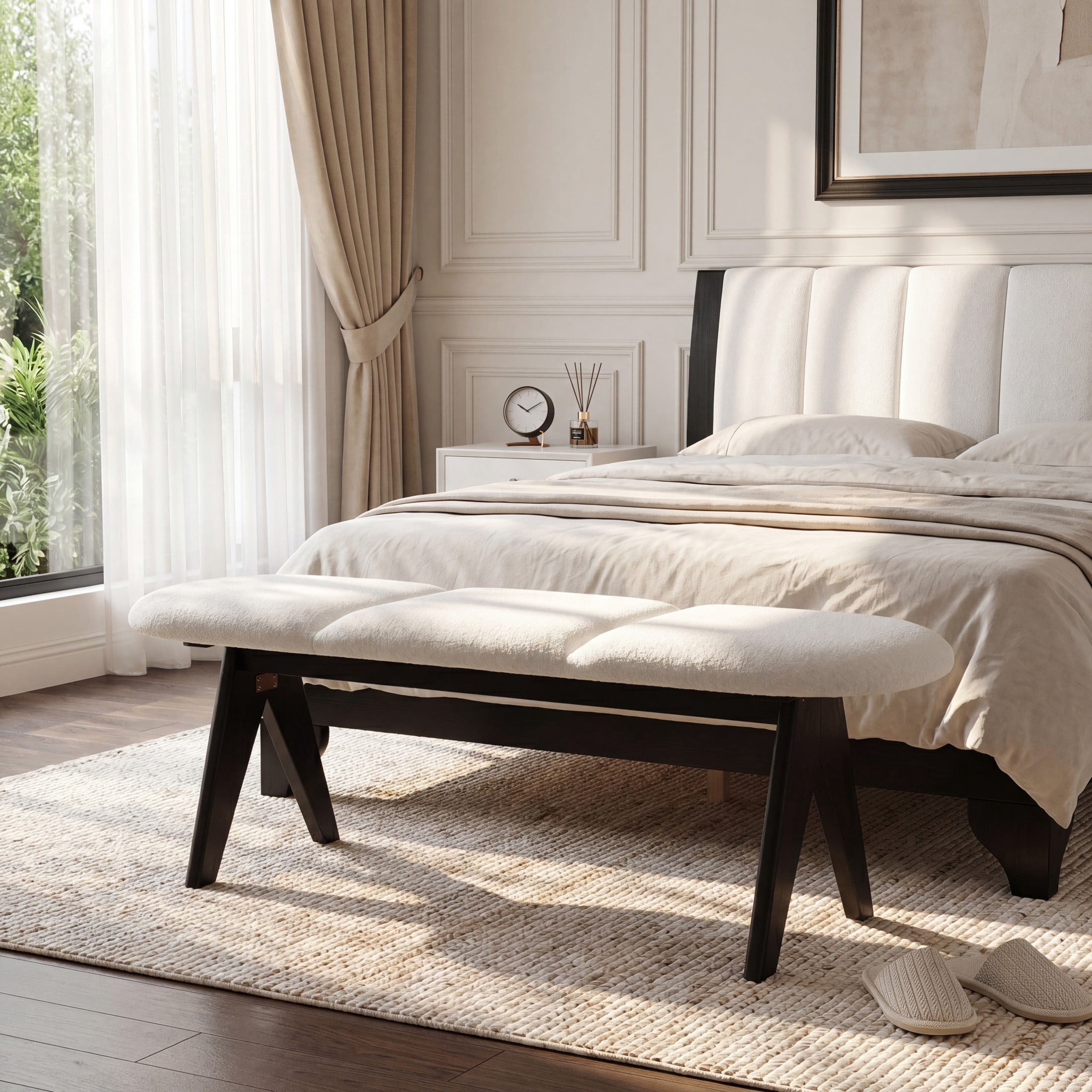 Christopher Knight Home 53" Modern Upholstered Entryway Bench with Black Wood Legs, White