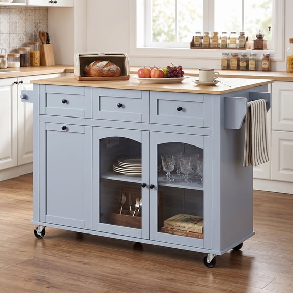 Christopher Knight Home 54.2" Mobile Kitchen Island with Glass Door, Trash Bin Cabinet, Blue Gray + Natural