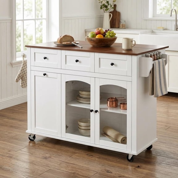 Christopher Knight Home 54.2" Mobile Kitchen Island with Glass Door, Trash Bin Cabinet, White Walnut