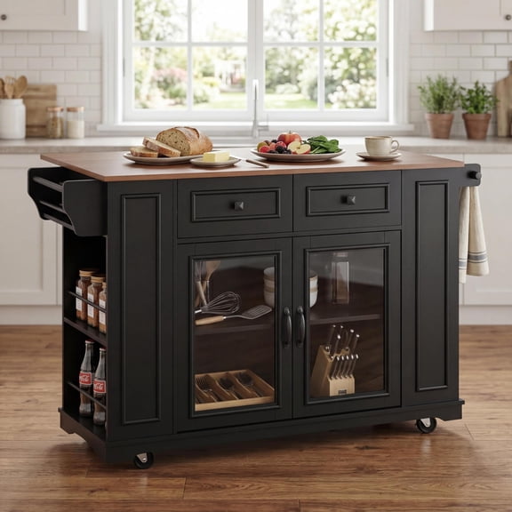Christopher Knight Home 54.33" Mobile Kitchen Island Cart with Power Outlet and Storage, Black + Walnut