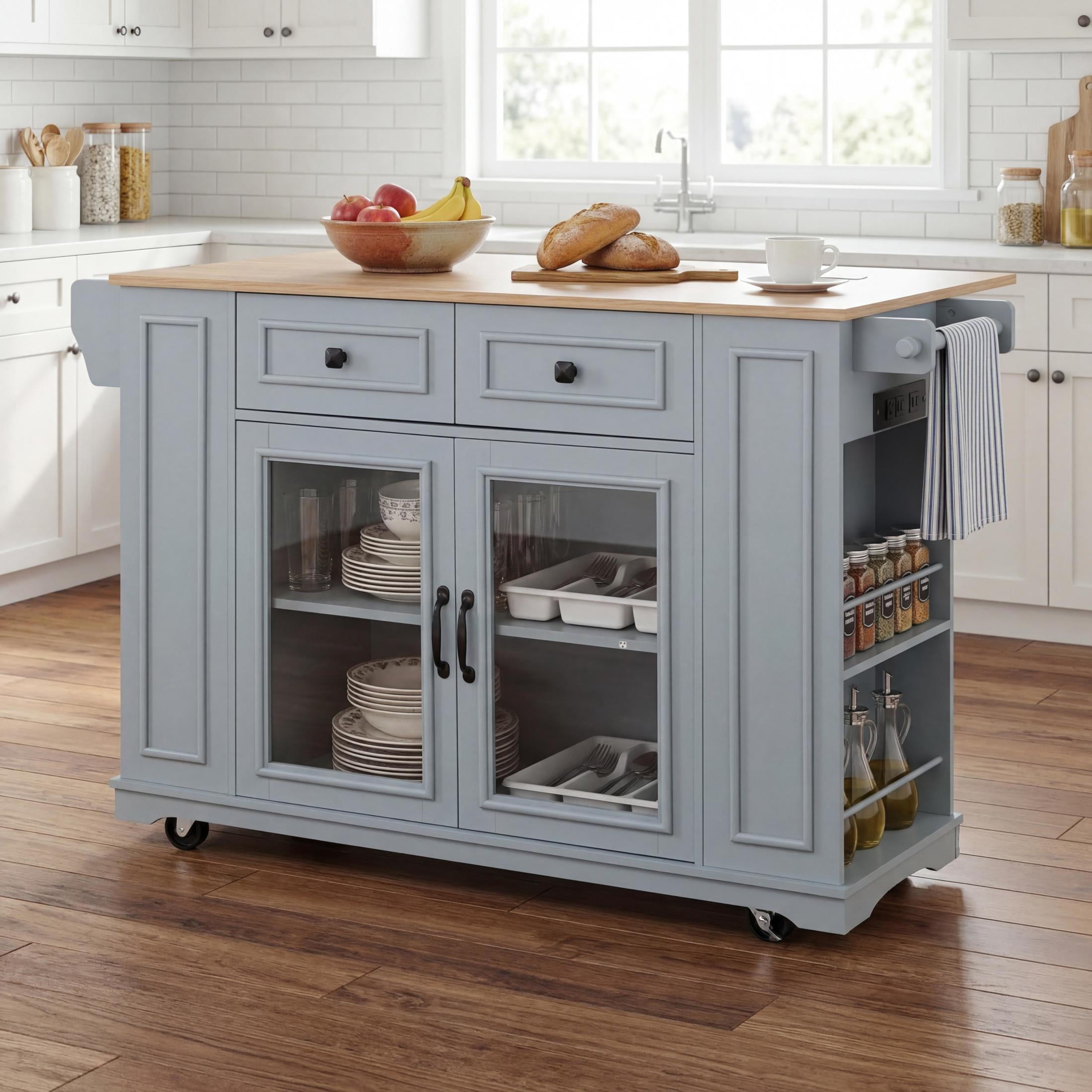 Christopher Knight Home 54.33" Mobile Kitchen Island Cart with Power Outlet and Storage, Blue Gray+Natural