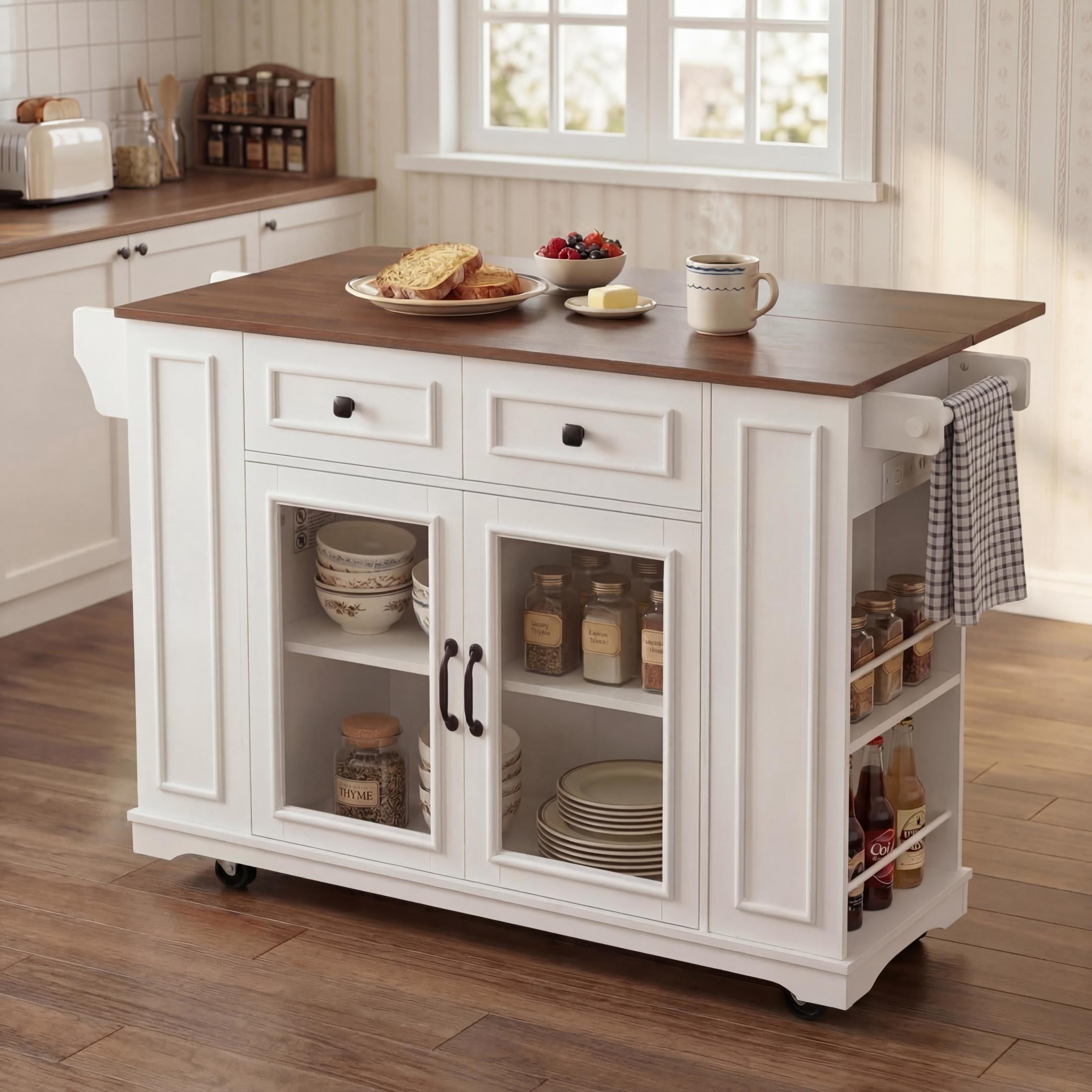 Christopher Knight Home 54.33" Mobile Kitchen Island Cart with Power Outlet and Storage, White + Walnut