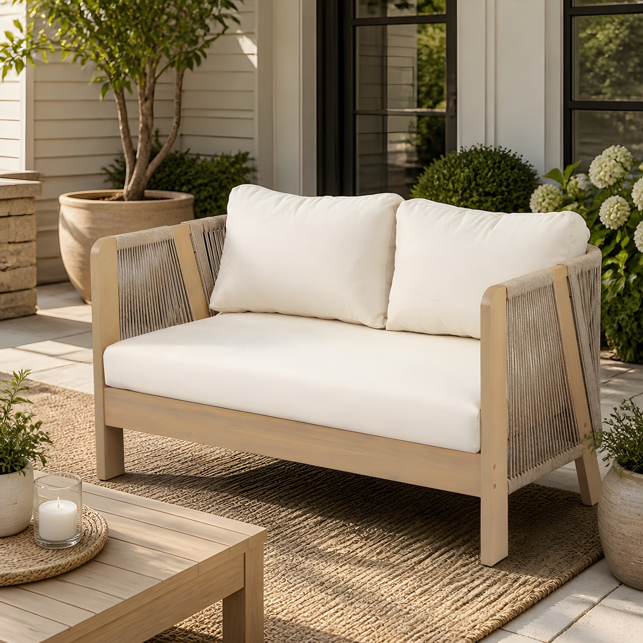 Christopher Knight Home 54" Acacia Wood Outdoor Loveseat, Rope Armrests, Thick Cushions, Light Teak+Cream