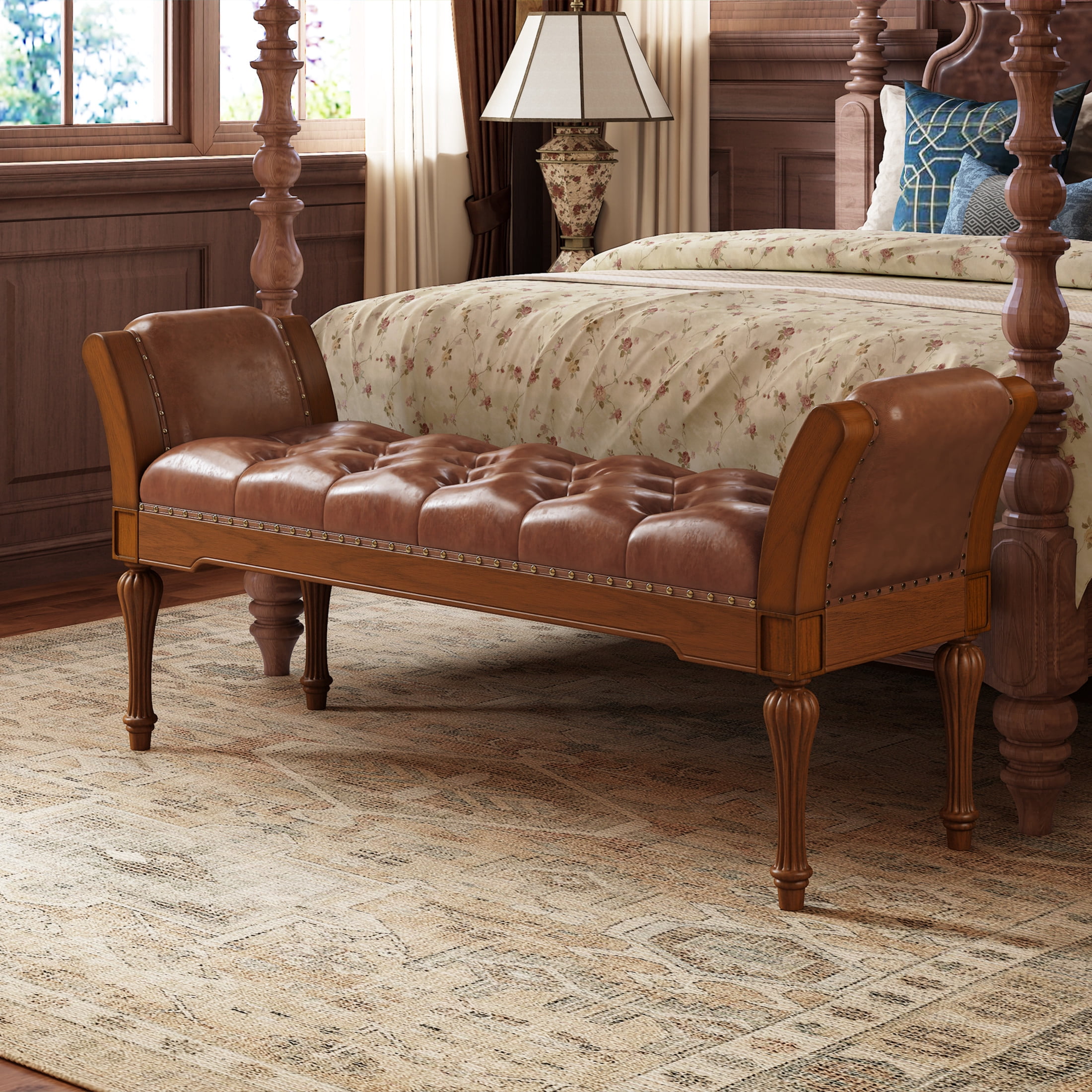 Christopher Knight Home 54" Retro PU Leather Ottoman Bench, Button Tufted End of Bed, Reddish Brown