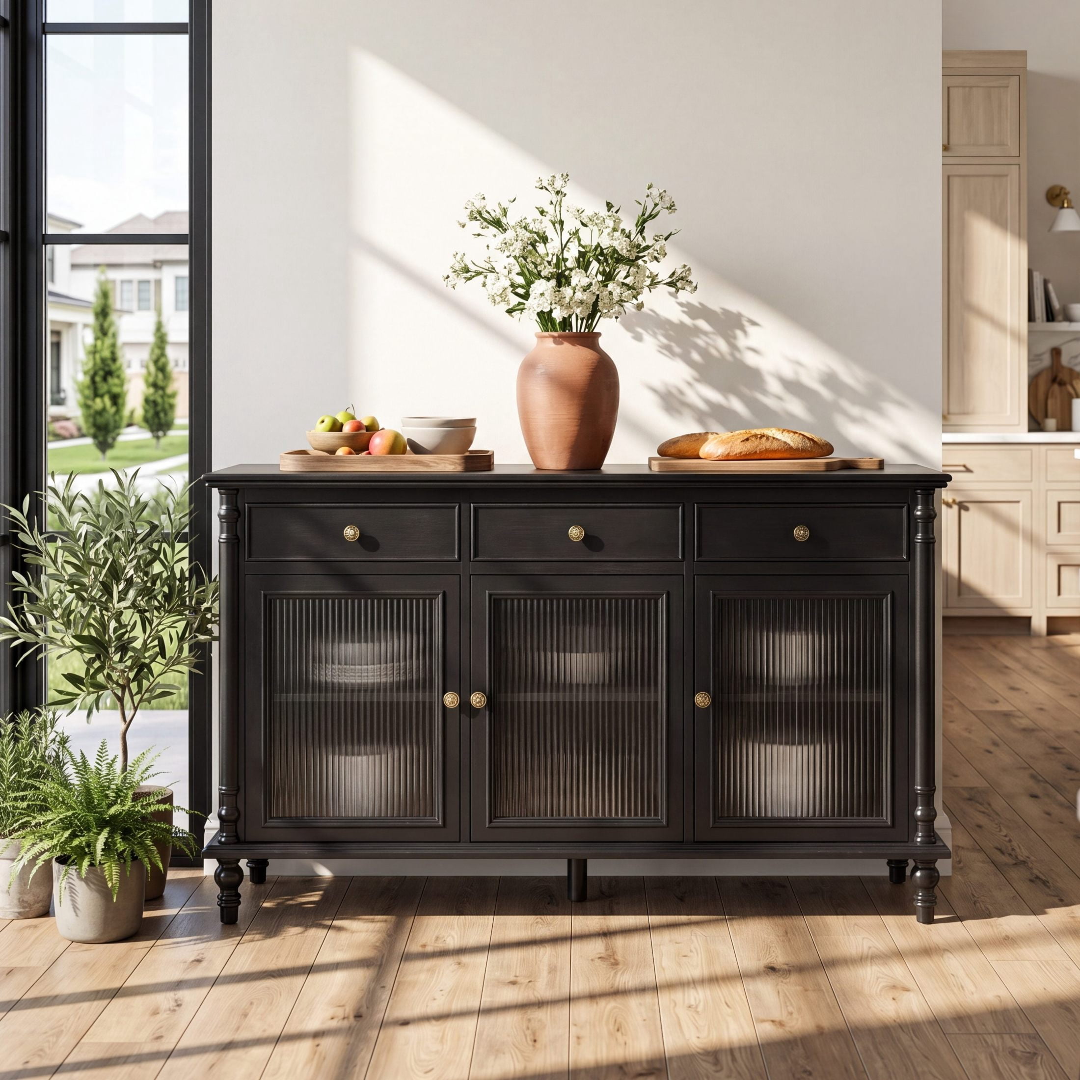 Christopher Knight Home 54" Vintage Buffet Sideboard Cabinet with 3 Drawers and Glass Doors, Black