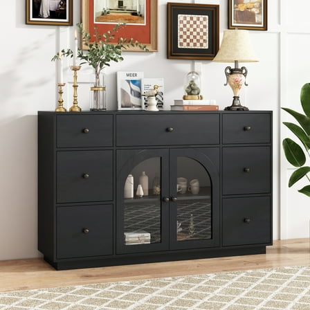 Christopher Knight Home 55.1" Large Storage Cabinet with 7 Drawers and 2 Glass Doors, Wood Frame, Black