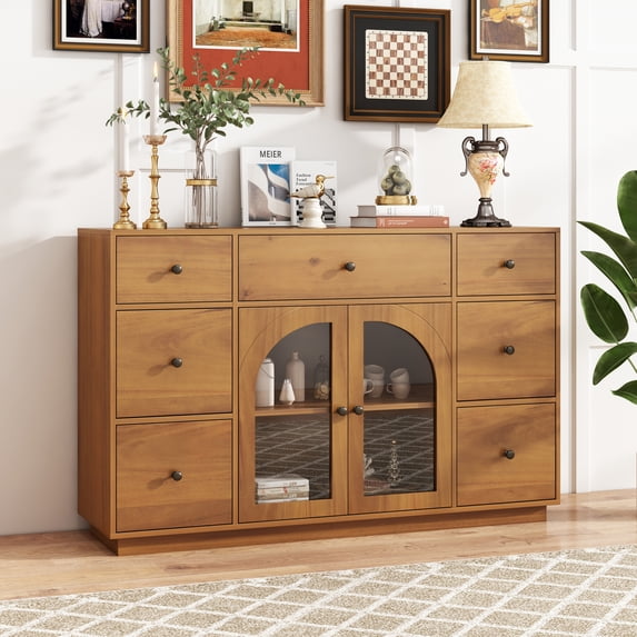 Christopher Knight Home 55.1" Large Storage Cabinet with 7 Drawers and 2 Glass Doors, Wood Frame, Natural