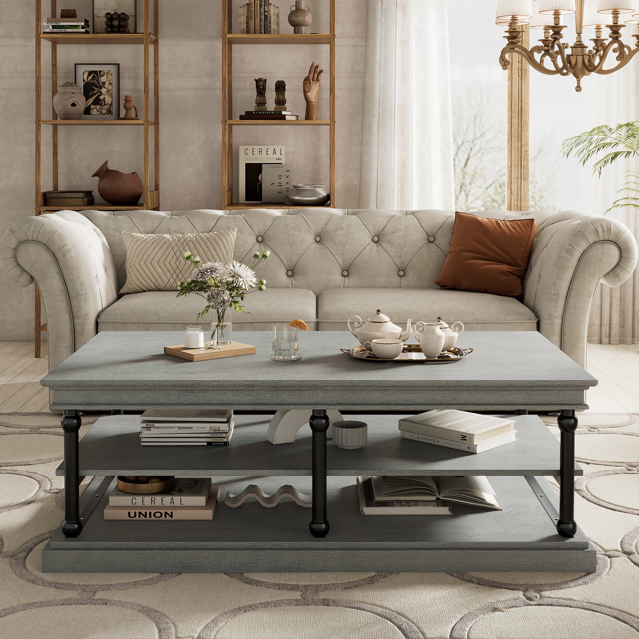 Christopher Knight Home 55.1" Rectangular Wood Coffee Table with 2 Open Storage Shelves, Gray+Black