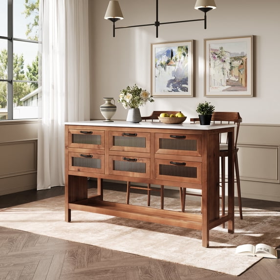 Christopher Knight Home 55.7" Kitchen Island Table with Glass Front and 6 Drawers, Marble Top, Brown