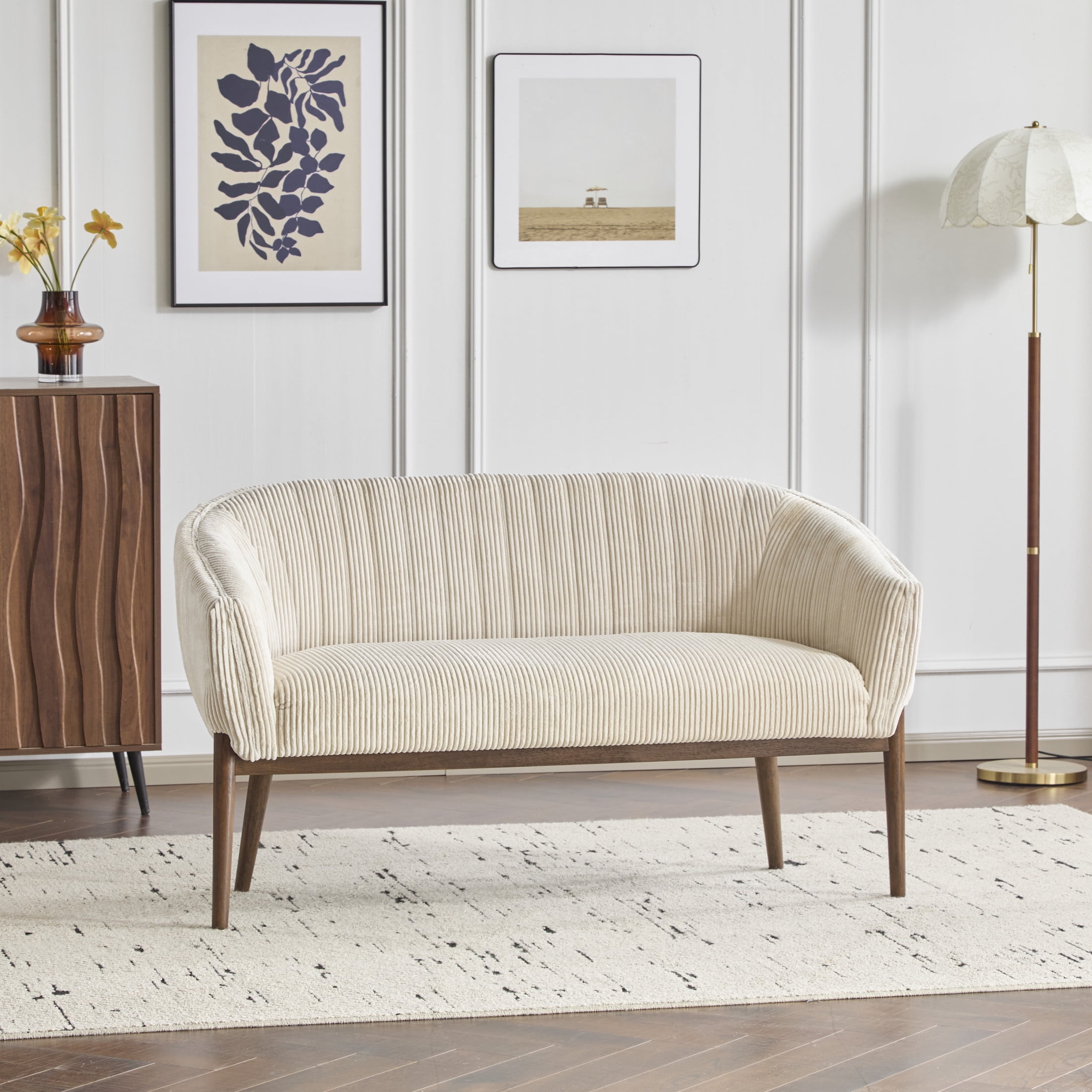 Christopher Knight Home 55" Corduroy Loveseat with Recessed Arms, Tufted Upholstery, Wood Legs, Beige+Walnut