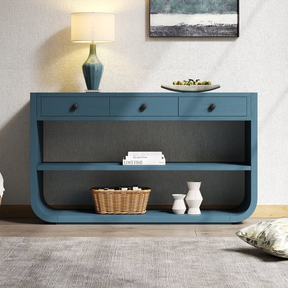 Christopher Knight Home 55" Modern Curved Console Table with Soft-Close Drawers, Open Shelves, Blue