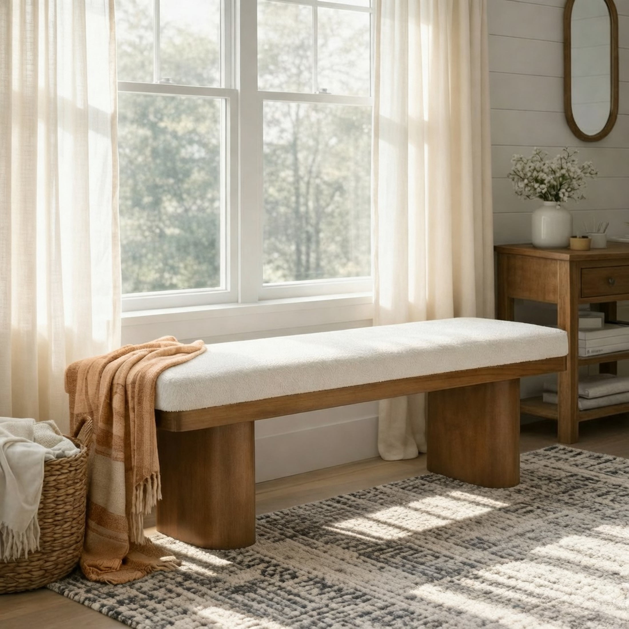 Christopher Knight Home 55" Modern Farmhouse Chenille Upholstered Bench with Rubberwood Legs, Beige