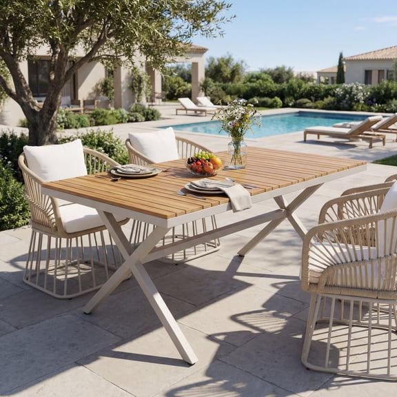 Christopher Knight Home 55" Outdoor Rectangular Dining Table, Teak Wood Top with Beige Steel X-Legs