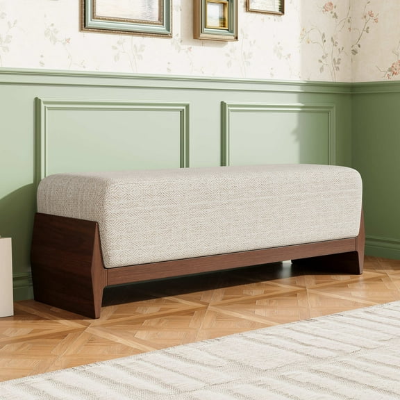 Christopher Knight Home 55" Solid Wood Bench with Thick Soft Cushion, 3-Person Upholstered Seat, Brown+White