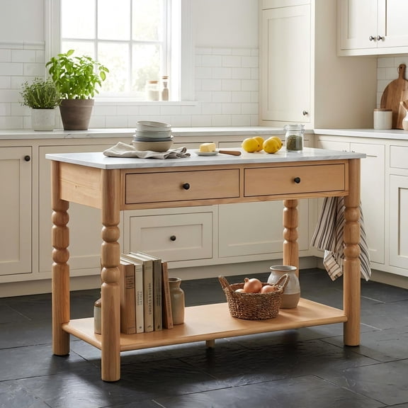 Christopher Knight Home 56.5" Farmhouse Kitchen Island with 4 Drawers, Marble-Look Top, Natural Wood