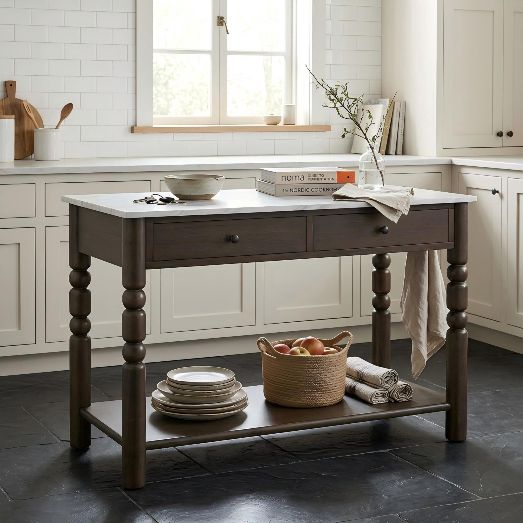 Christopher Knight Home 56.5" Farmhouse Kitchen Island with 4 Drawers, Marble-Look Top, Smoked Oak