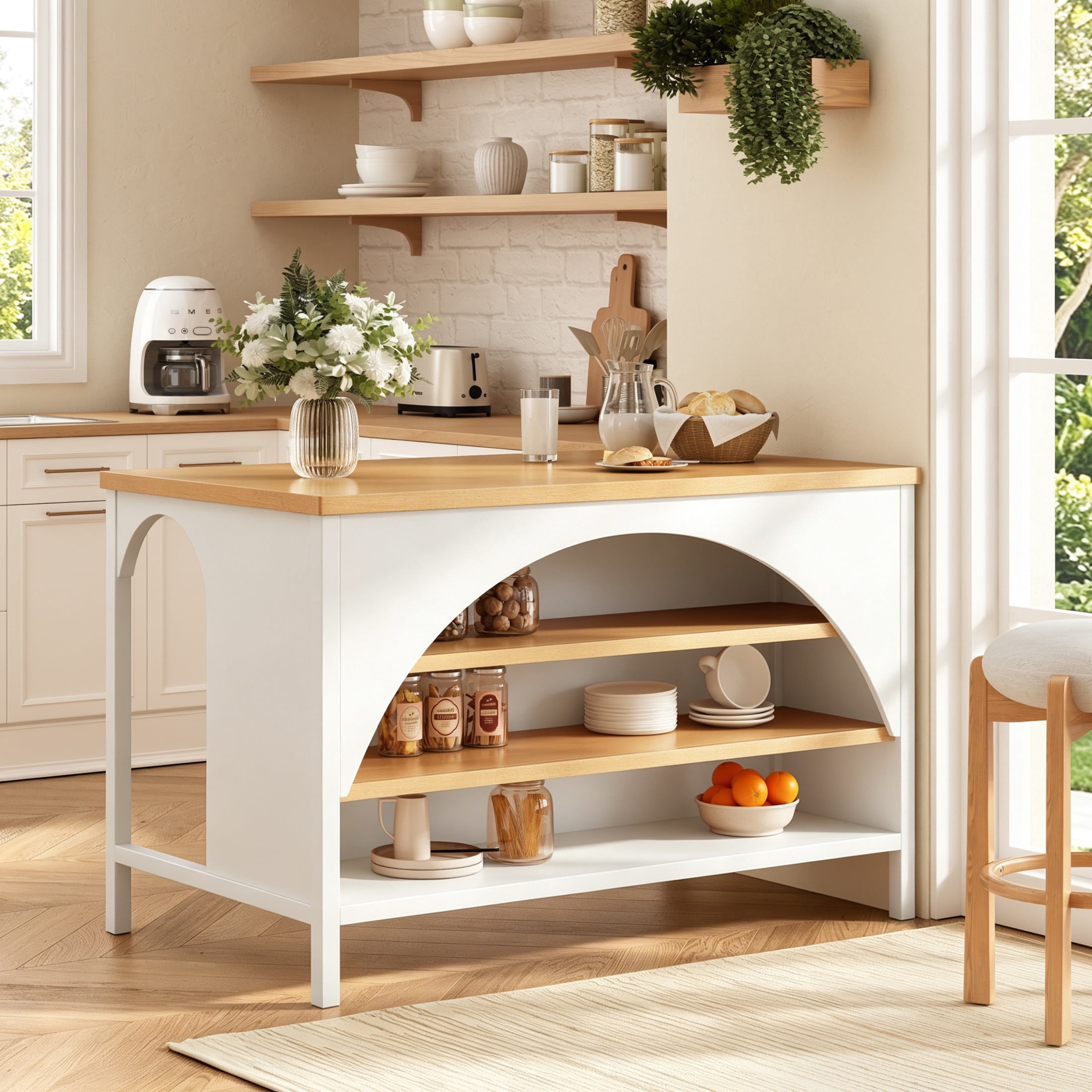 Christopher Knight Home 56" Farmhouse Kitchen Island Cart with Open Storage Shelves, Wood Top, White