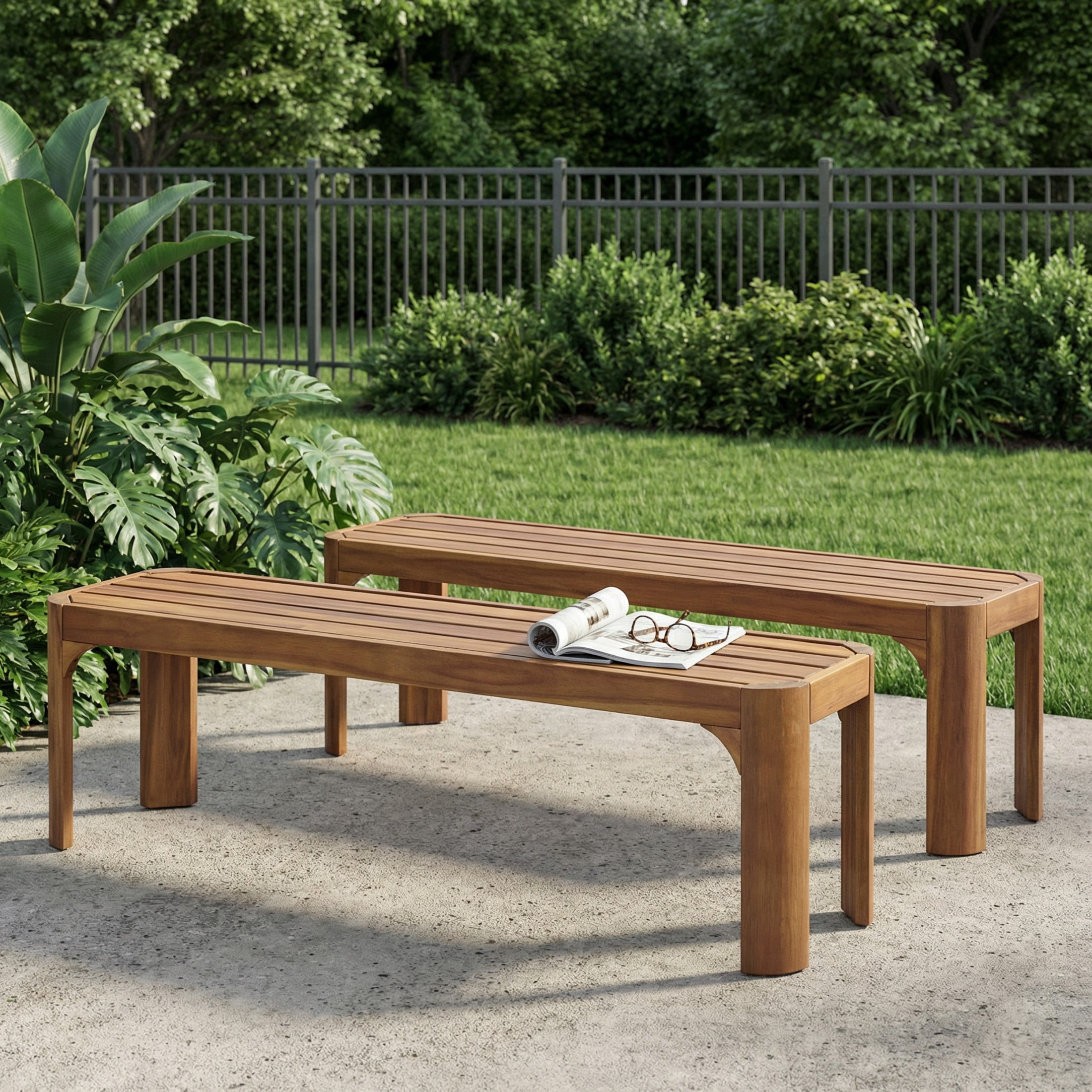 Christopher Knight Home 57.25" Outdoor Patio Acacia Wood Slatted Dining Bench, Seats 4-6, Teak, Set of 2