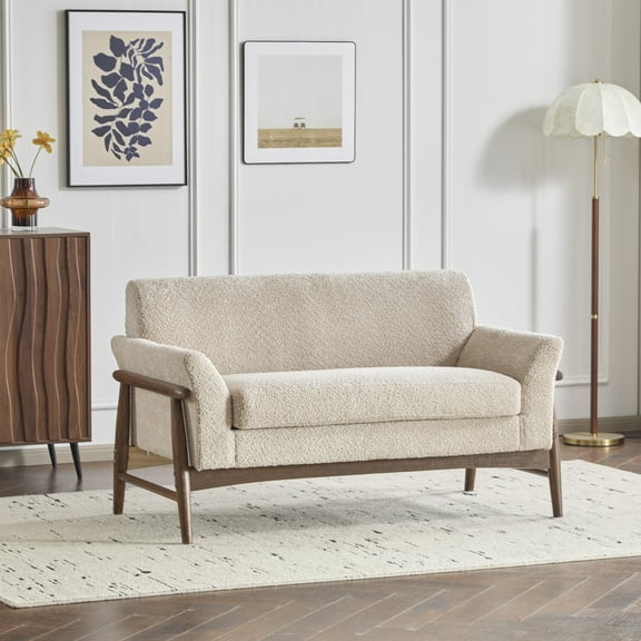 Christopher Knight Home 57.5" Boucle Loveseat with Flared Arms, Wood Legs, Modern Accent Sofa, Almond+Walnut