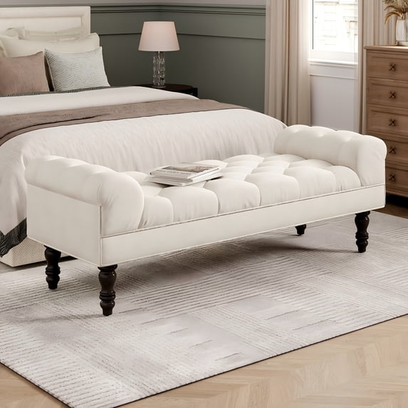 Christopher Knight Home 57.5" Button-Tufted End of Bed Bench, Large Upholstered Ottoman, Rolled Arms, Beige