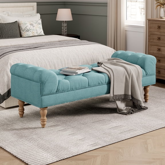 Christopher Knight Home 57.5" Button-Tufted End of Bed Bench, Large Upholstered Ottoman, Rolled Arms, Dusty Teal