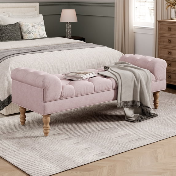 Christopher Knight Home 57.5" Button-Tufted End of Bed Bench, Large Upholstered Ottoman, Rolled Arms, Pink