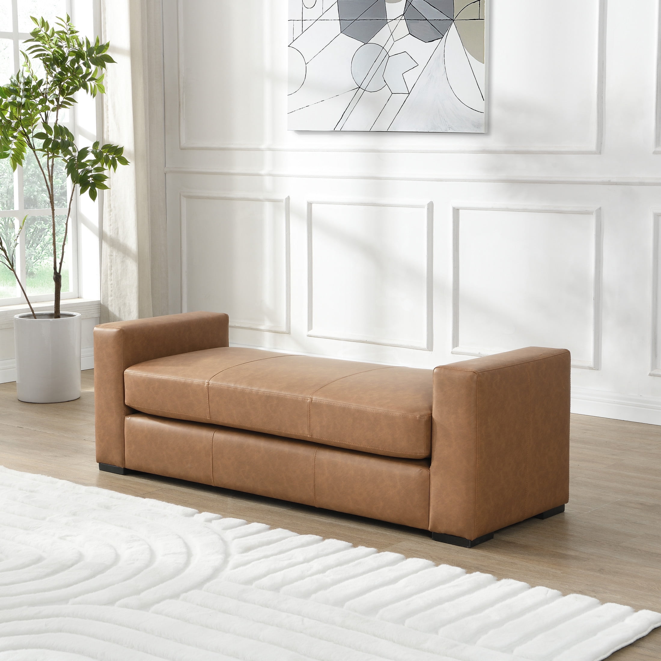 Christopher Knight Home 57.7" Rectangle Faux Leather Ottoman Bench with Armrests, Brown