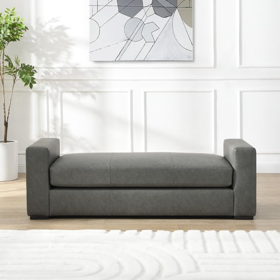 Christopher Knight Home 57.7" Rectangle Faux Leather Ottoman Bench with Armrests, Grey