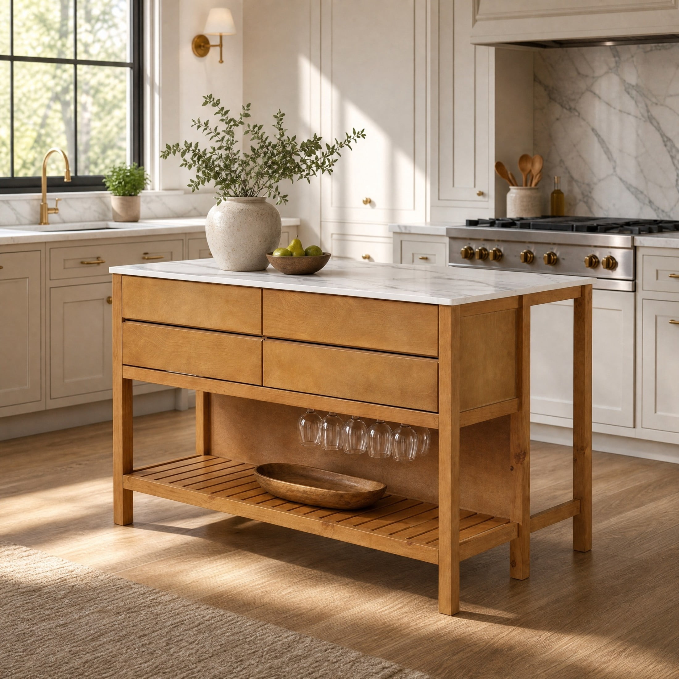 Christopher Knight Home 57" Kitchen Island Cabinet, Solid Wood with Marble Veneer Top, Natural+White