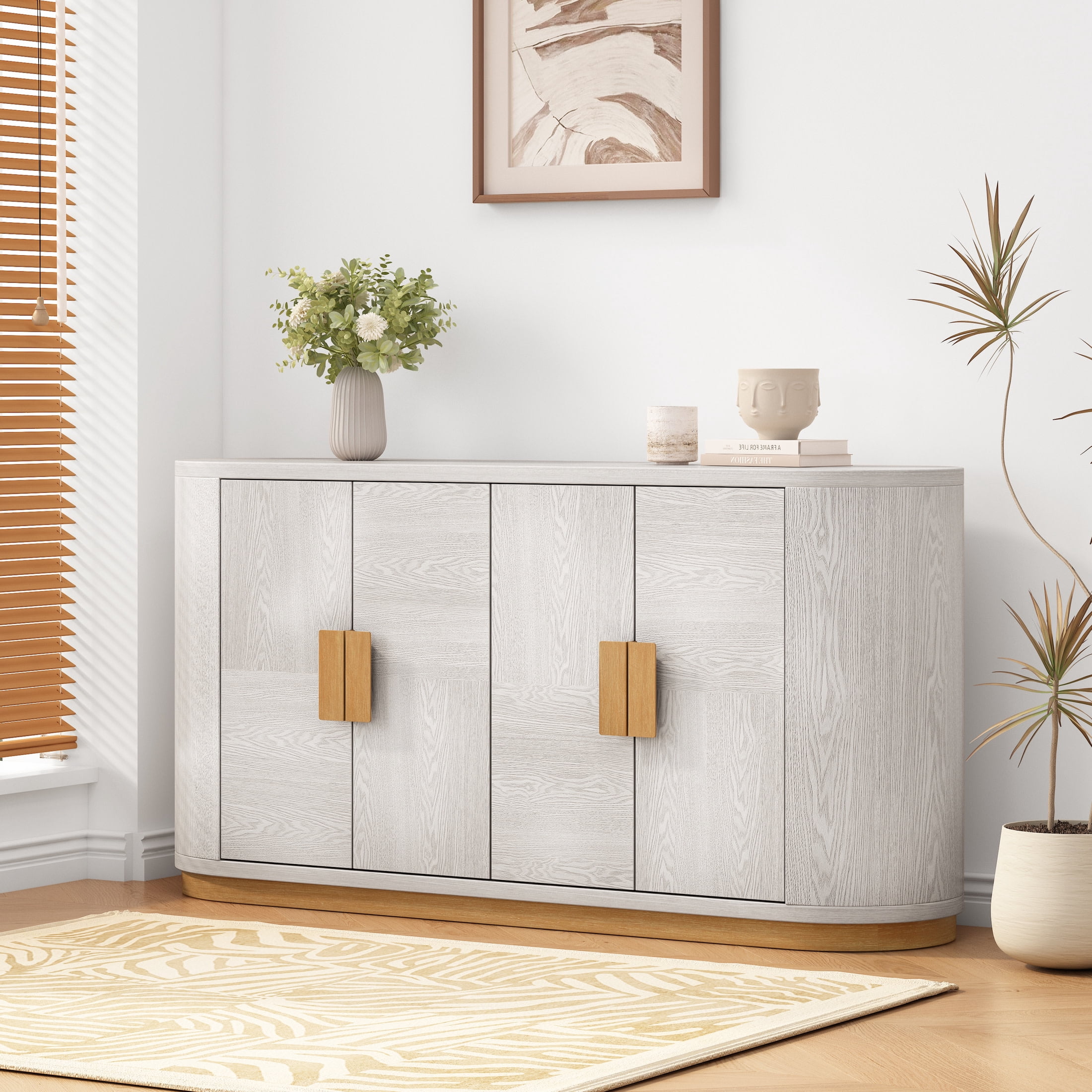 Christopher Knight Home 58.3" Sideboard Buffet with 4 Doors, Adjustable Shelf, Storage Cabinet with Metal Base, White Gray