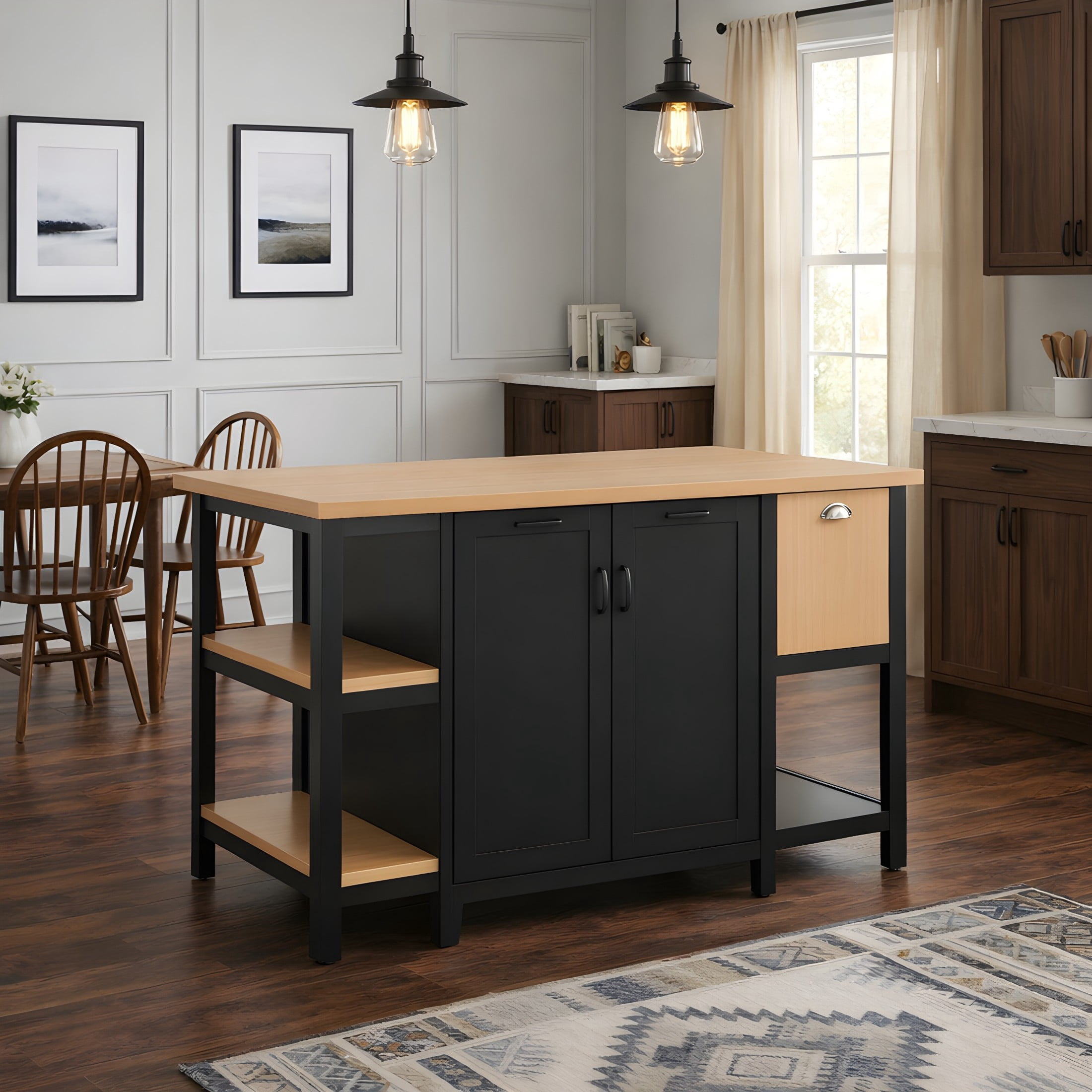 Christopher Knight Home 58" Kitchen Island, Wooden Prep Table with Storage Drawers & Cabinets, Black