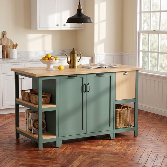 Christopher Knight Home 58" Kitchen Island, Wooden Prep Table with Storage Drawers & Cabinets, Green