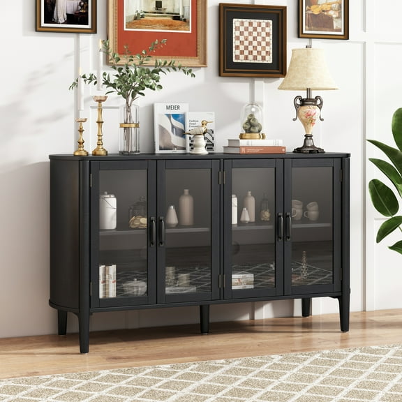 Christopher Knight Home 58" Large Storage Cabinet with 4 Glass Doors, Wood Frame, Stylish Style, Black