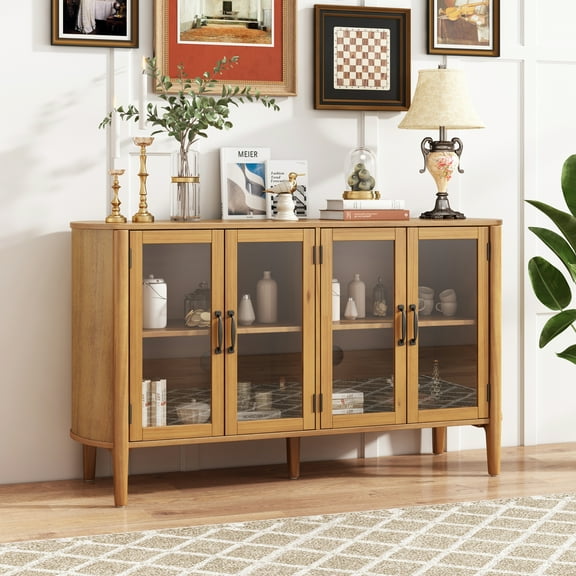 Christopher Knight Home 58" Large Storage Cabinet with 4 Glass Doors, Wood Frame, Stylish Style, Natural