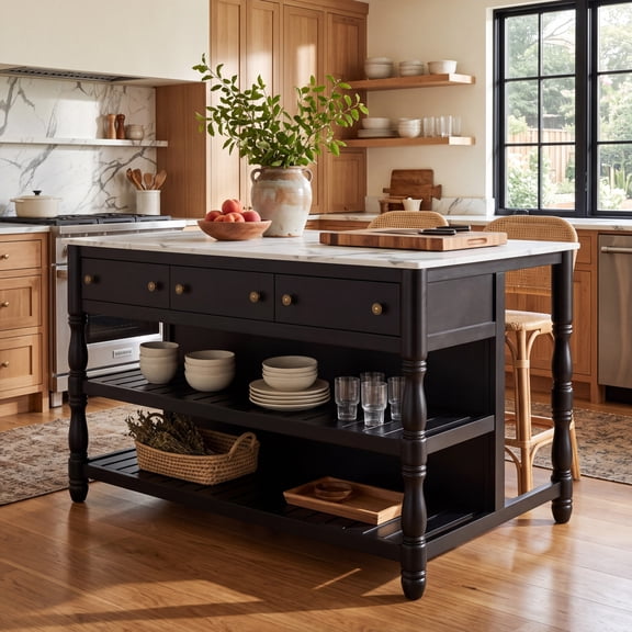 Christopher Knight Home 58" Vintage Wood Kitchen Island, Faux Marble Top, 3 Drawers, Open Shelves, Black