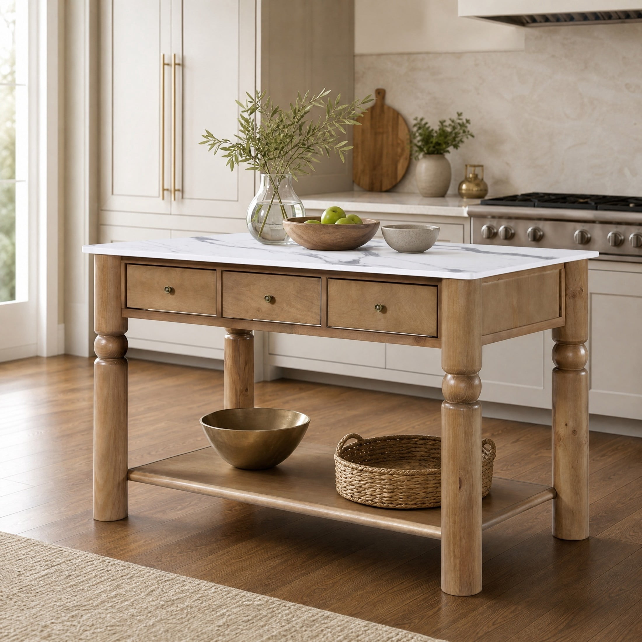 Christopher Knight Home 58" Wooden Kitchen Island, Marble-Look Top, Turned Ball Legs, Walnut+White