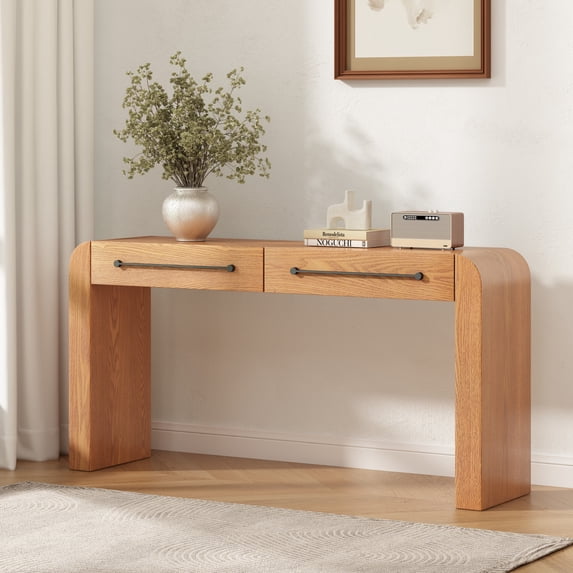 Christopher Knight Home 59.6" Modern Console Table with 2 Drawers, Curved Design and Metal Handles, Natural