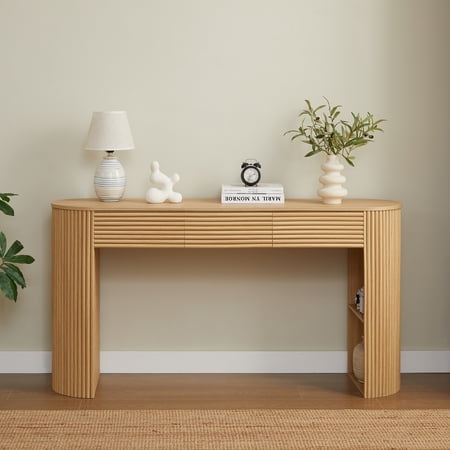 Christopher Knight Home 59.8" Retro Console Table, MDF Entryway Storage Table with 3 Drawers, Natural