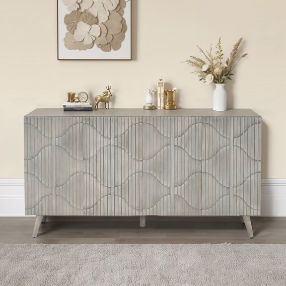 Christopher Knight Home 59.8" Sideboard with 4 Doors and Adjustable Shelves, Fluted Storage Cabinet, Grey Oak