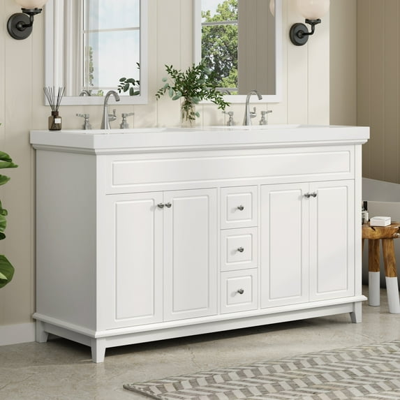 Christopher Knight Home 59" Bathroom Vanity with Double Sinks, Multi-Storage and Door Shelf, Soft-Close, White