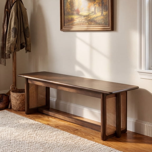 Christopher Knight Home 59" Bohemian Rubberwood Dining Bench with Plastic Rattan Accents, Walnut