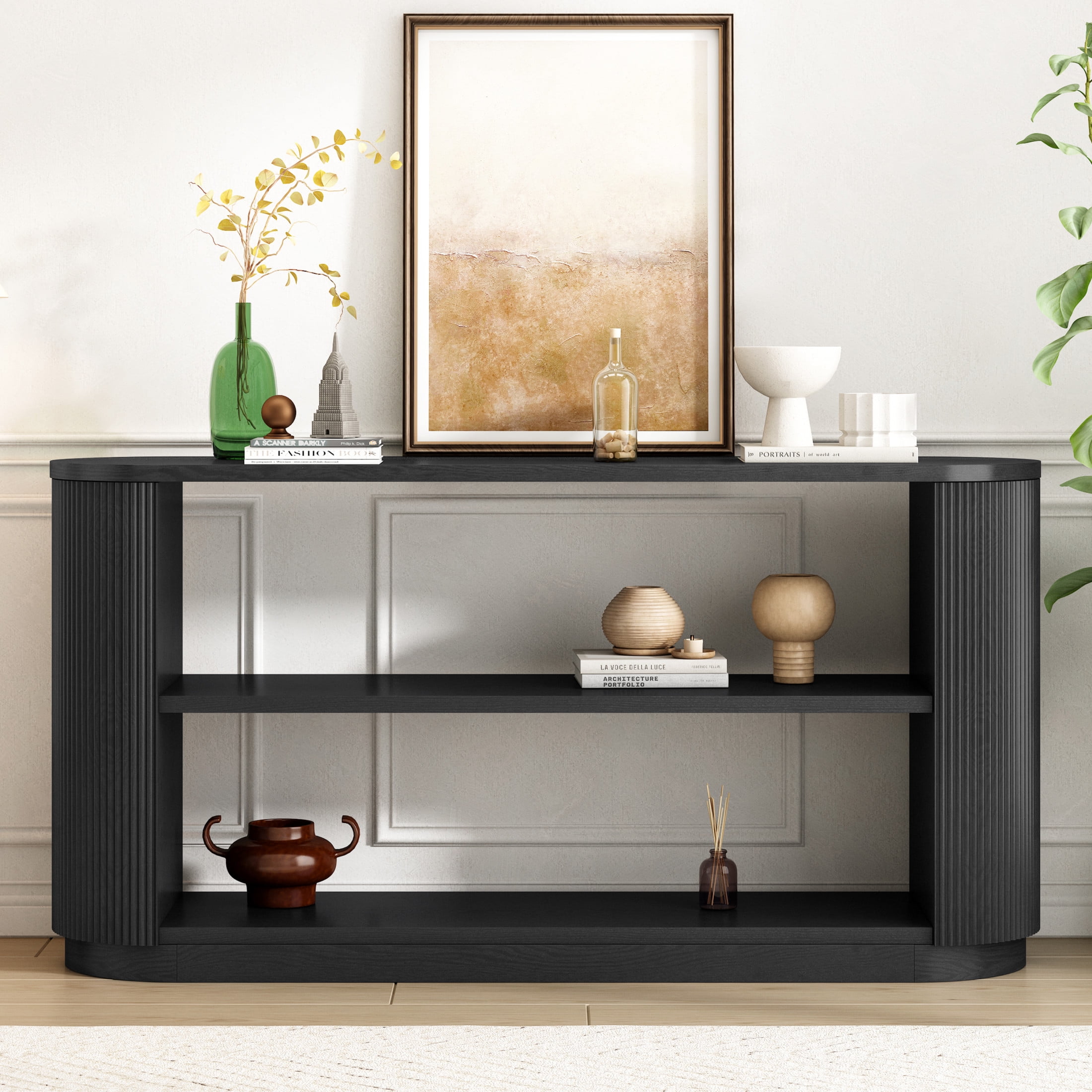 Christopher Knight Home 59" Console Table, 3-Tier Wood Entryway Table for Hallway or Living Room, Black