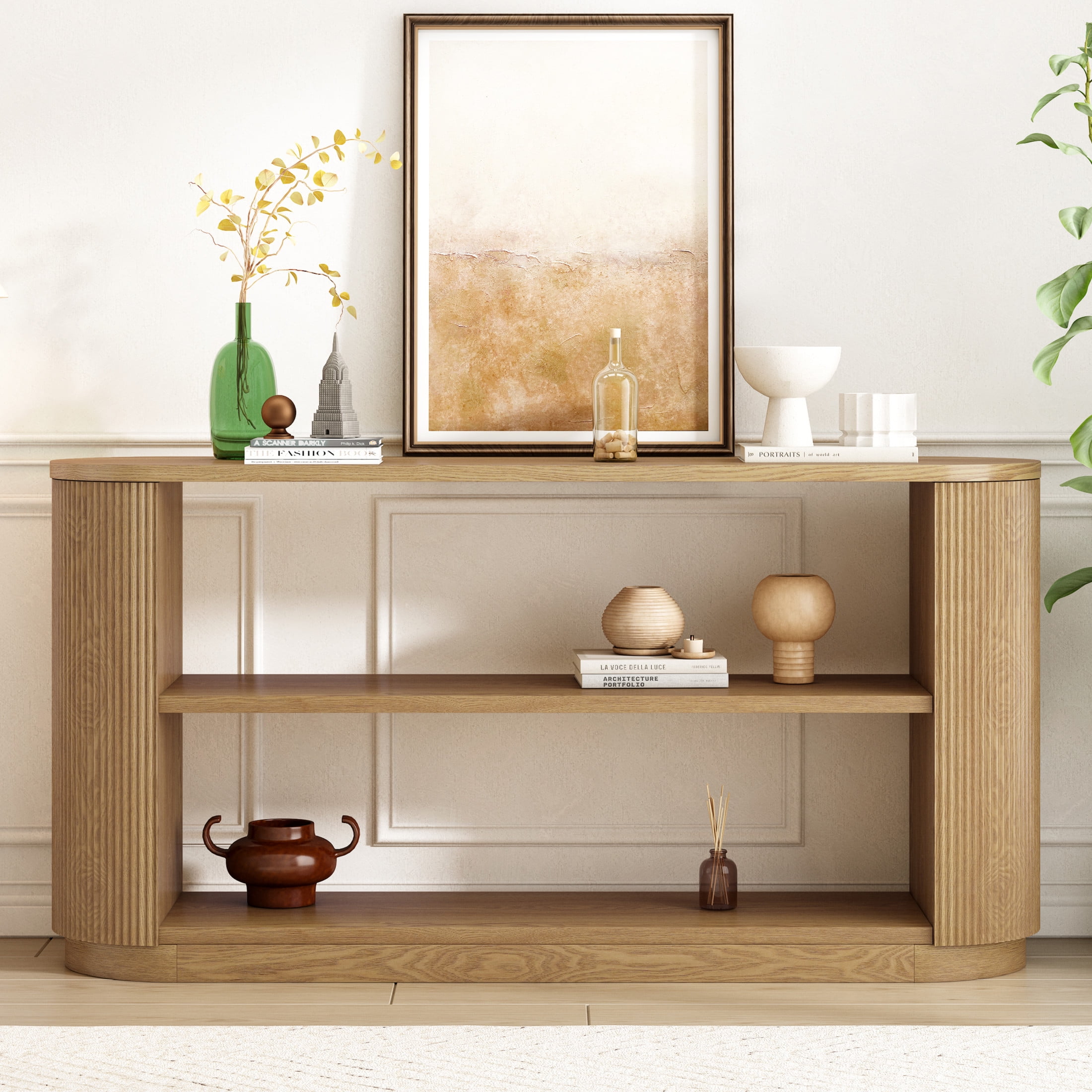 Christopher Knight Home 59" Console Table, 3-Tier Wood Entryway Table for Hallway or Living Room, Natural